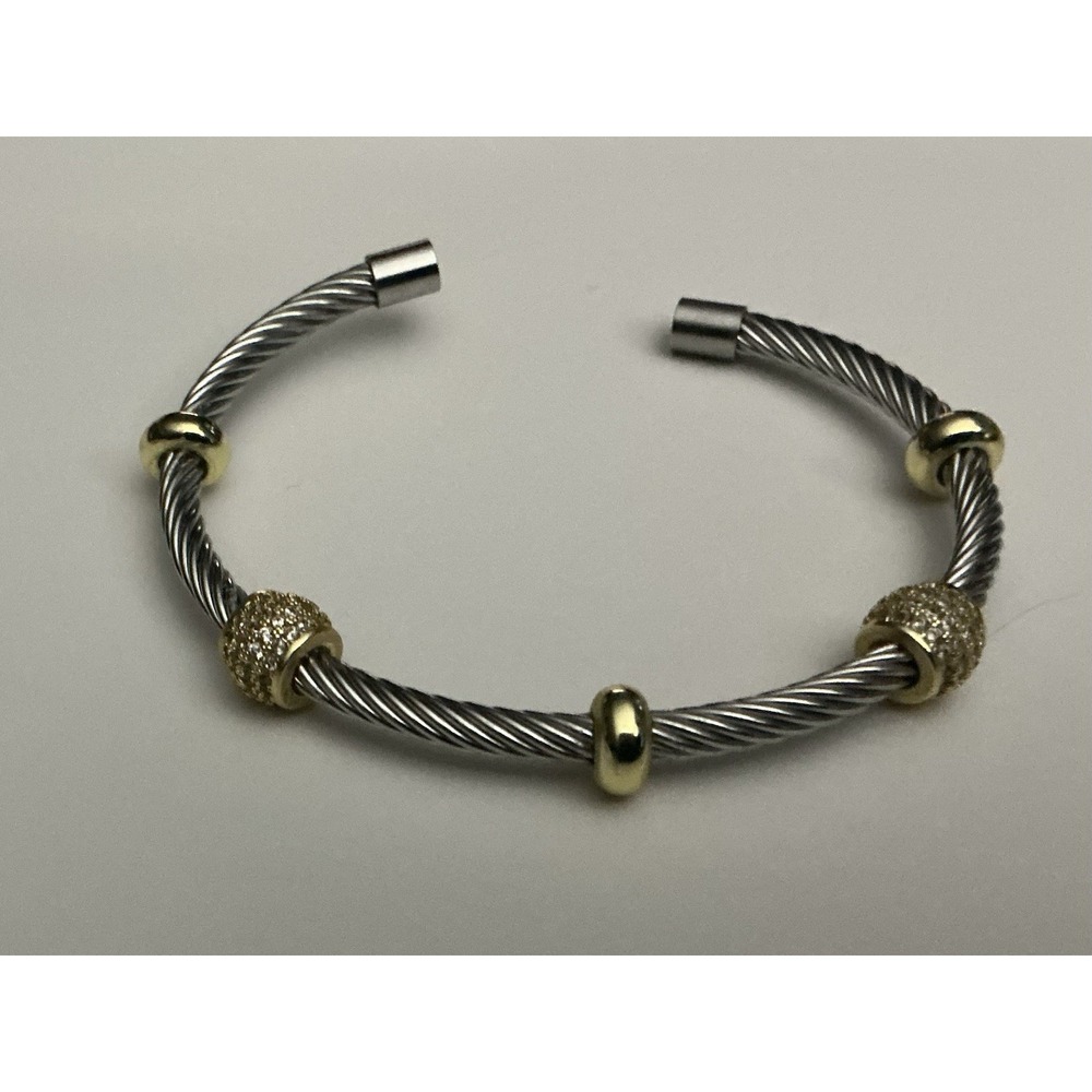 Two Tone Cable Cuff Bracelet Gold Tone Pavé Crystal Beads Silver Tone